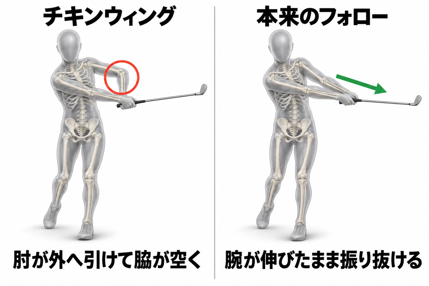 フォロースルーで左肘が外へ引けて脇が空くチキンウィングと、腕が伸びたまま振り抜ける本来のフォローを正面から比べた図