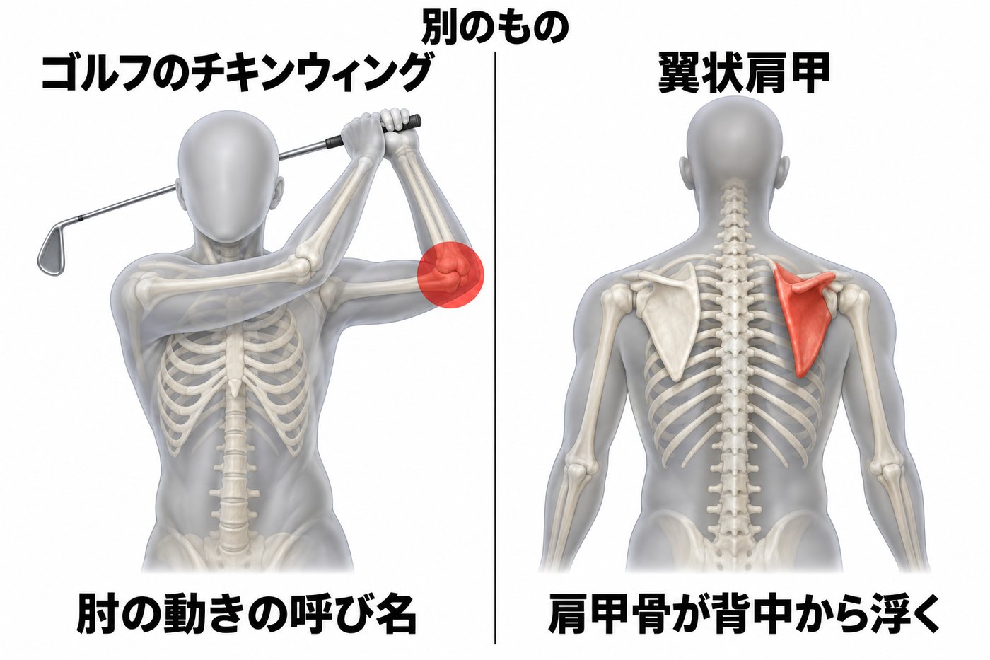 ゴルフのチキンウィングは肘の動きの呼び名、翼状肩甲は肩甲骨が背中から浮く状態で、別のものであることを示す比較図