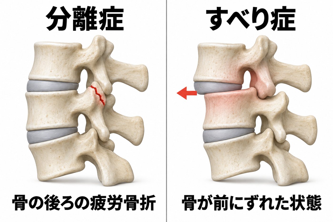 腰椎分離症は骨の後ろ側の疲労骨折、腰椎すべり症は骨が前にずれた状態であることを、腰の骨を真横から見て比べた図
