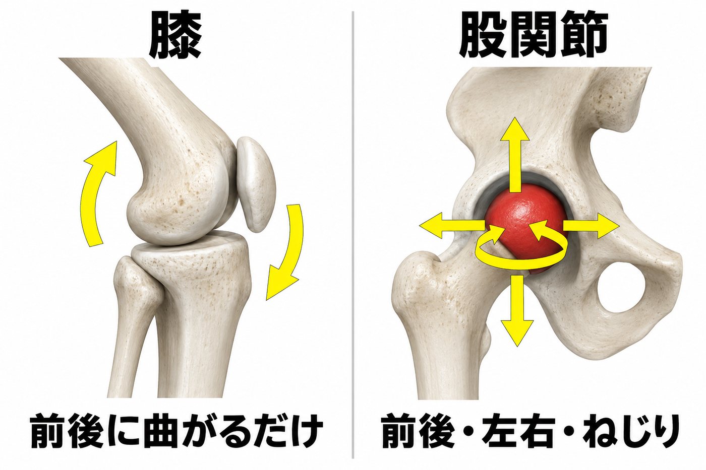 膝の関節は前後に曲がるだけで、股関節は前後・左右・ねじりの全方向に動けることを示す骨の比較図